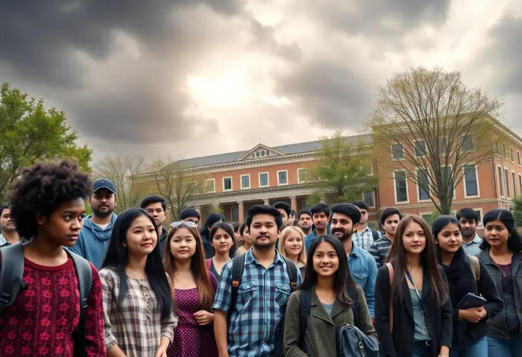 Diverse group of students at NYU depicting unity under a dark cloud suggesting tension and safety issues