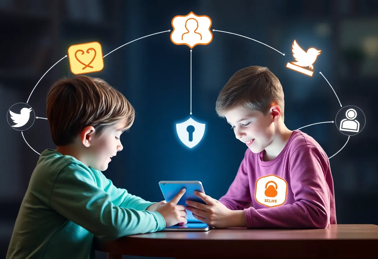 Illustration of children using social media safely with protective online symbols.