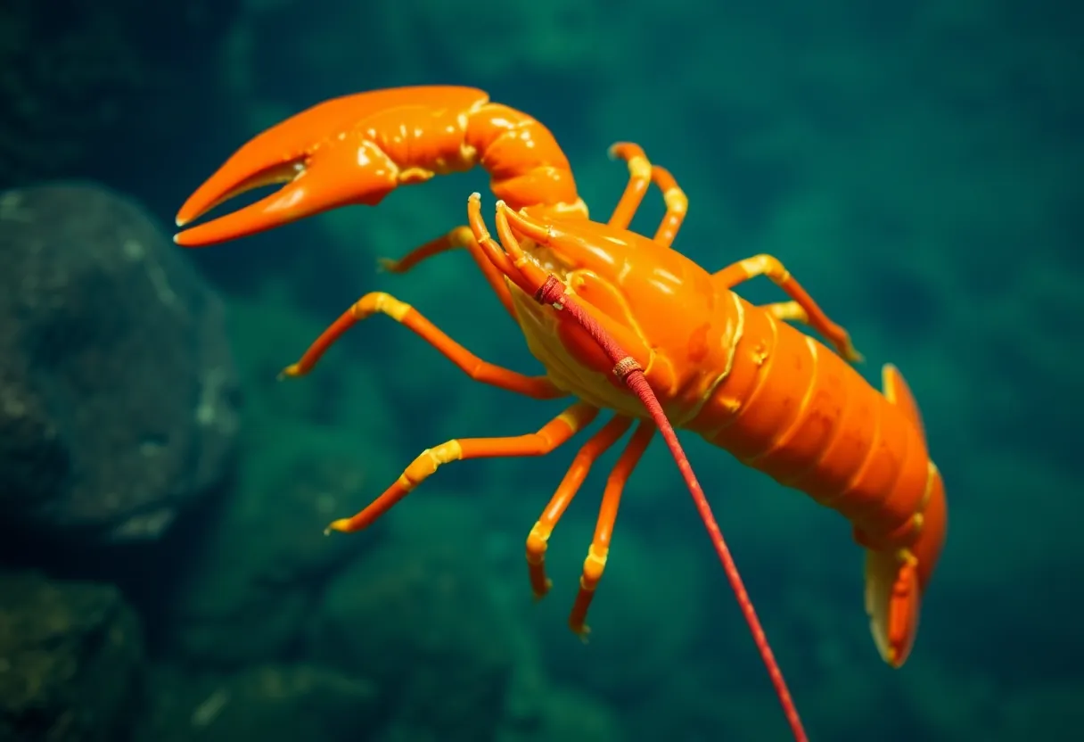 A rare orange lobster swimming in the ocean