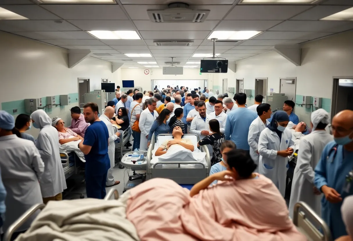 Busy emergency room with healthcare professionals assisting patients amidst a nursing home bed shortage in New York.
