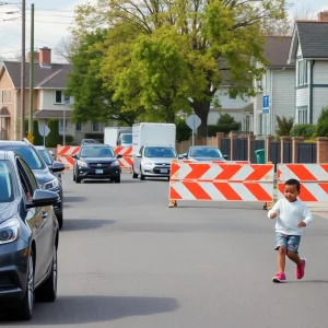 Children walking safely in a neighborhood with construction barriers.