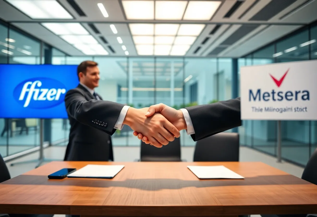 Pfizer and Metsera logos at a corporate agreement event