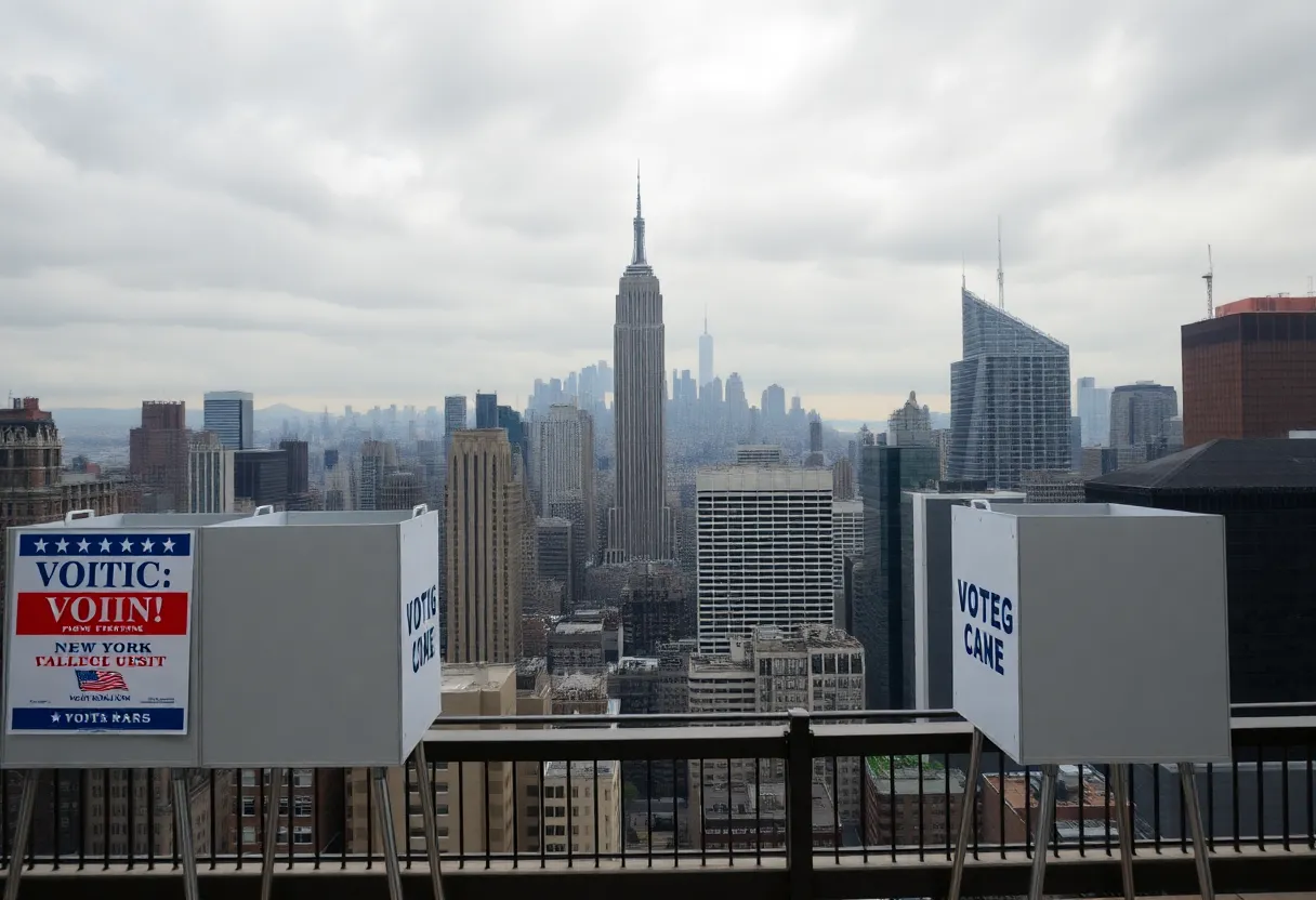 Symbolic depiction of a political election in New York City with campaign posters and voting booths.