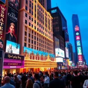 Rendering of a casino hotel in Times Square with vibrant city life
