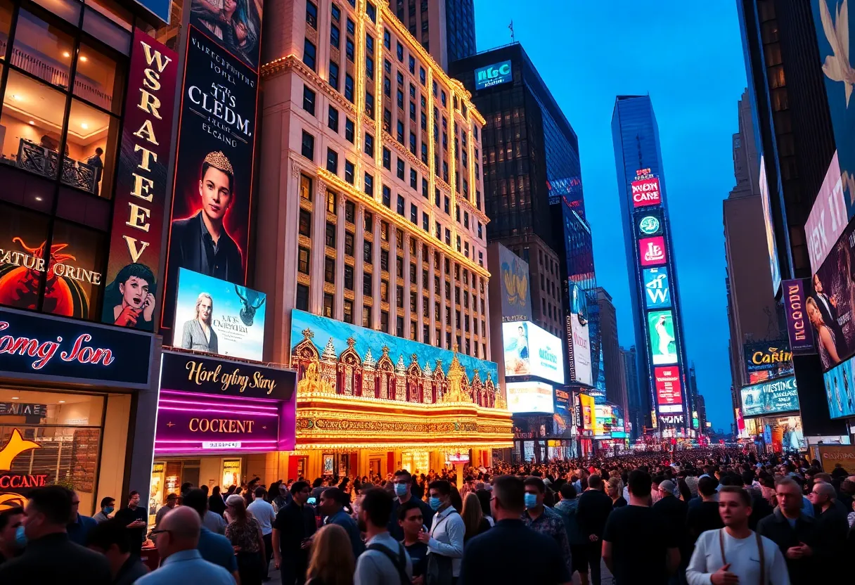 Rendering of a casino hotel in Times Square with vibrant city life