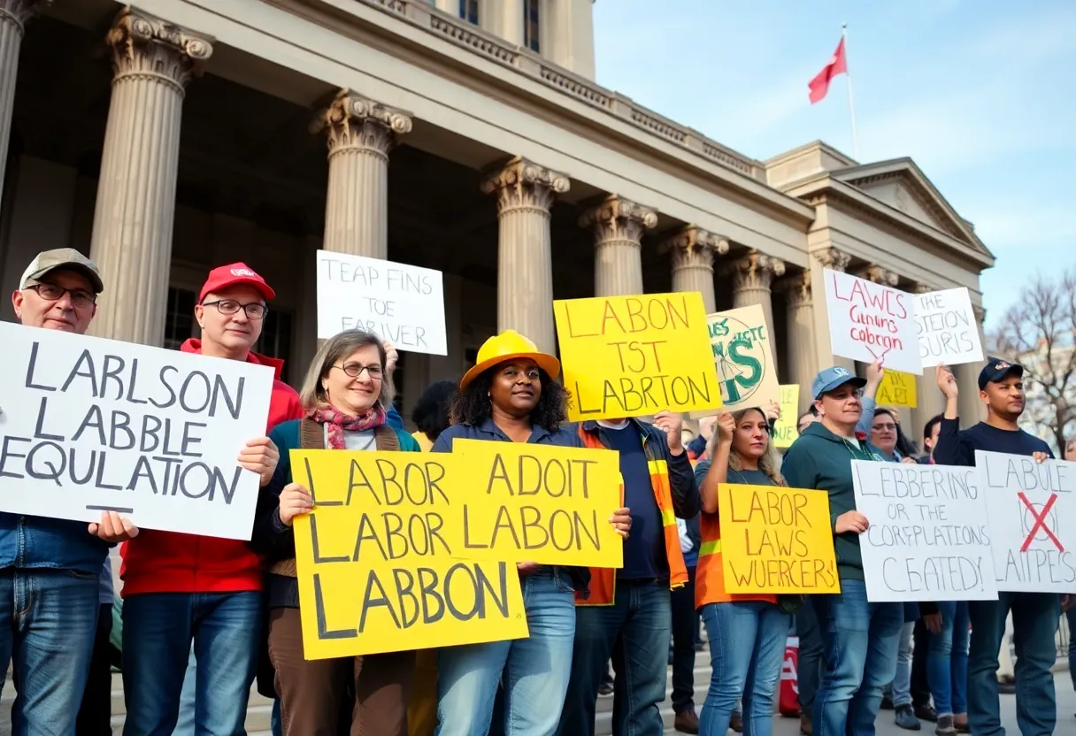 Workers protesting outside a government building against new labor laws.