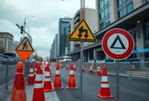 Construction zone with warning signs and traffic cones