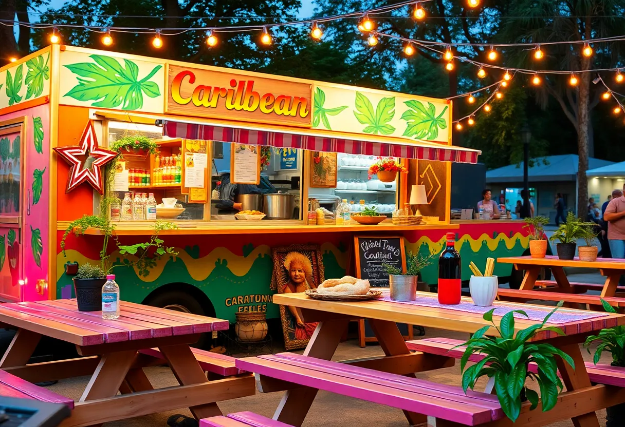 Colorful outdoor food truck serving Caribbean cuisine