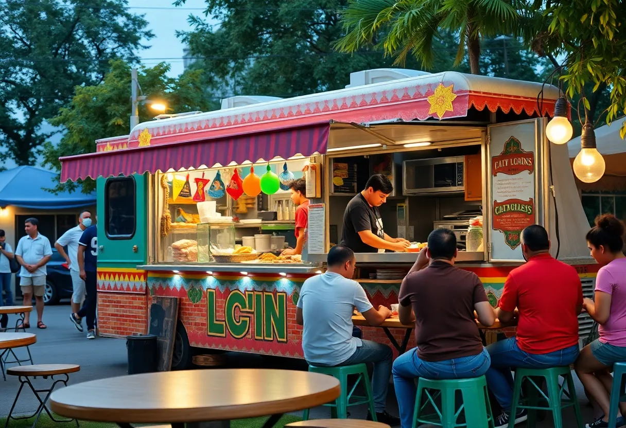 Food truck serving Latin food in a lively outdoor setting