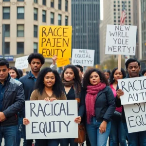 Group of advocates for racial equity holding signs in New York City.
