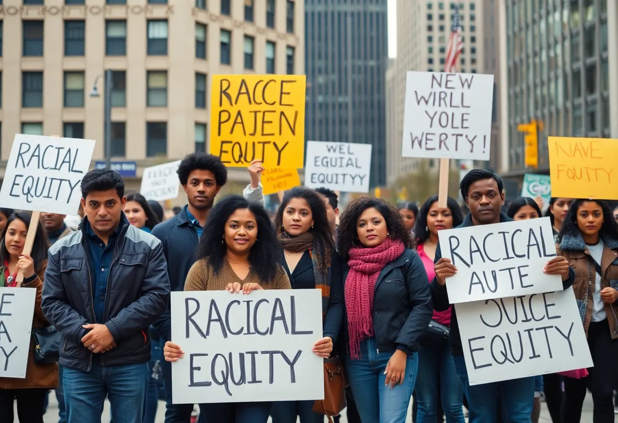 Group of advocates for racial equity holding signs in New York City.