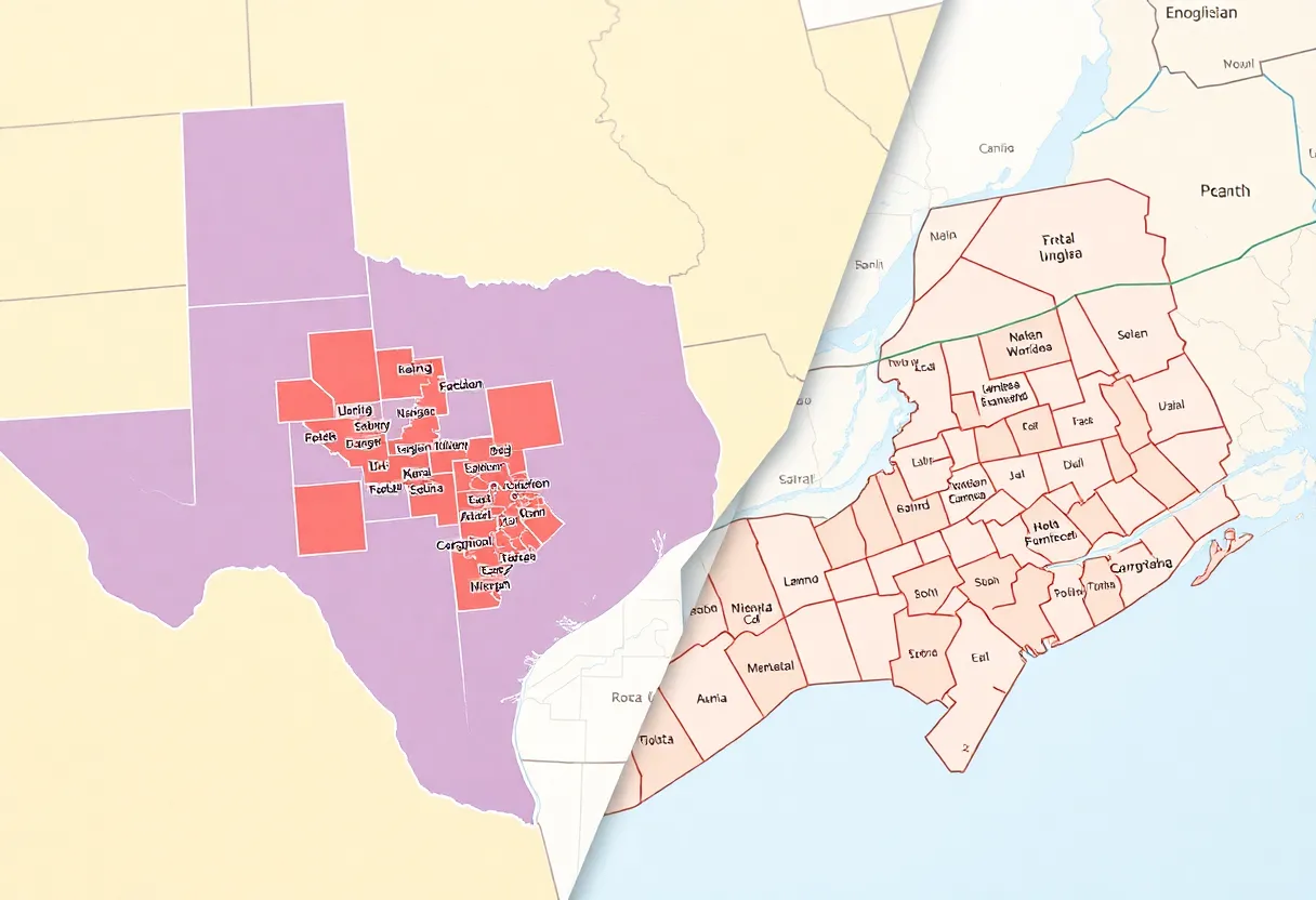 Visual representation of Texas and New York congressional maps showing proposed redistricting changes.
