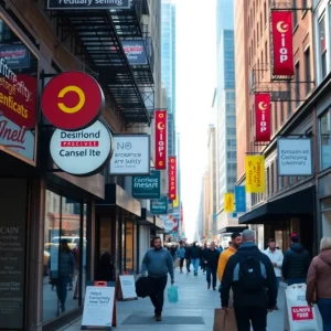 A vibrant New York street showing secured storefronts