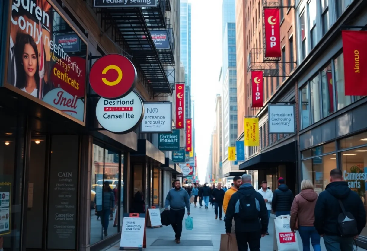 A vibrant New York street showing secured storefronts