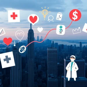 Abstract representation of rising health insurance costs in New York
