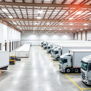 Exterior view of the new Roland Foods facility with loading docks and trucks.