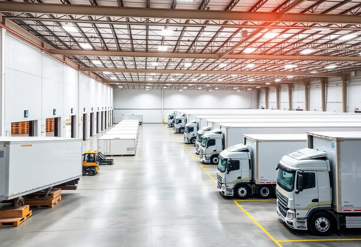 Exterior view of the new Roland Foods facility with loading docks and trucks.