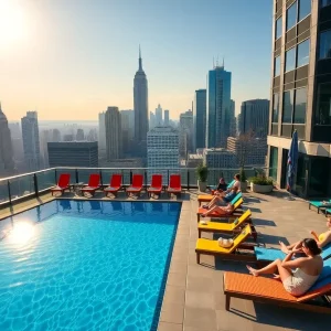 Rooftop pool overlooking New York City skyline