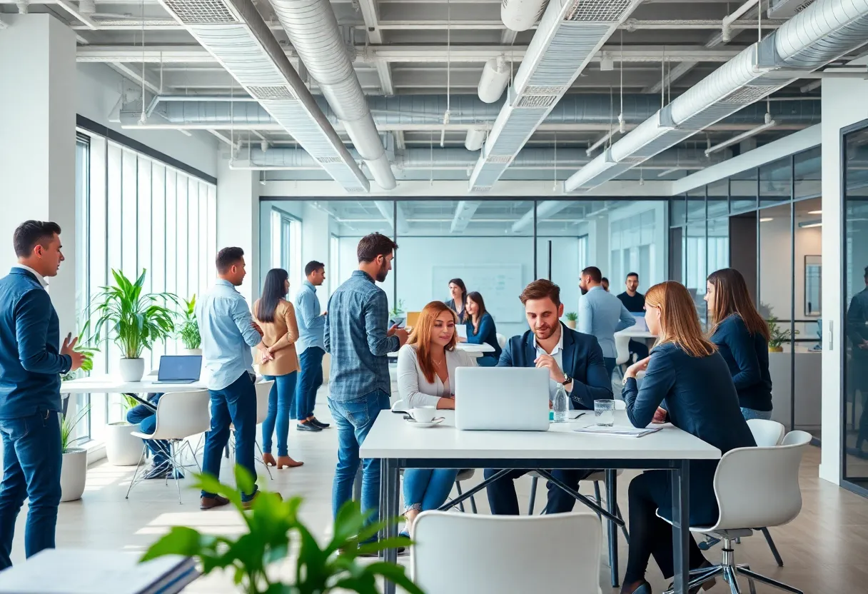 Employees collaborating in a bright open office at Ryan's NYC headquarters