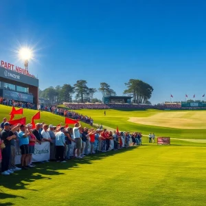 Golf course decorated for the Ryder Cup with enthusiastic fans and banners