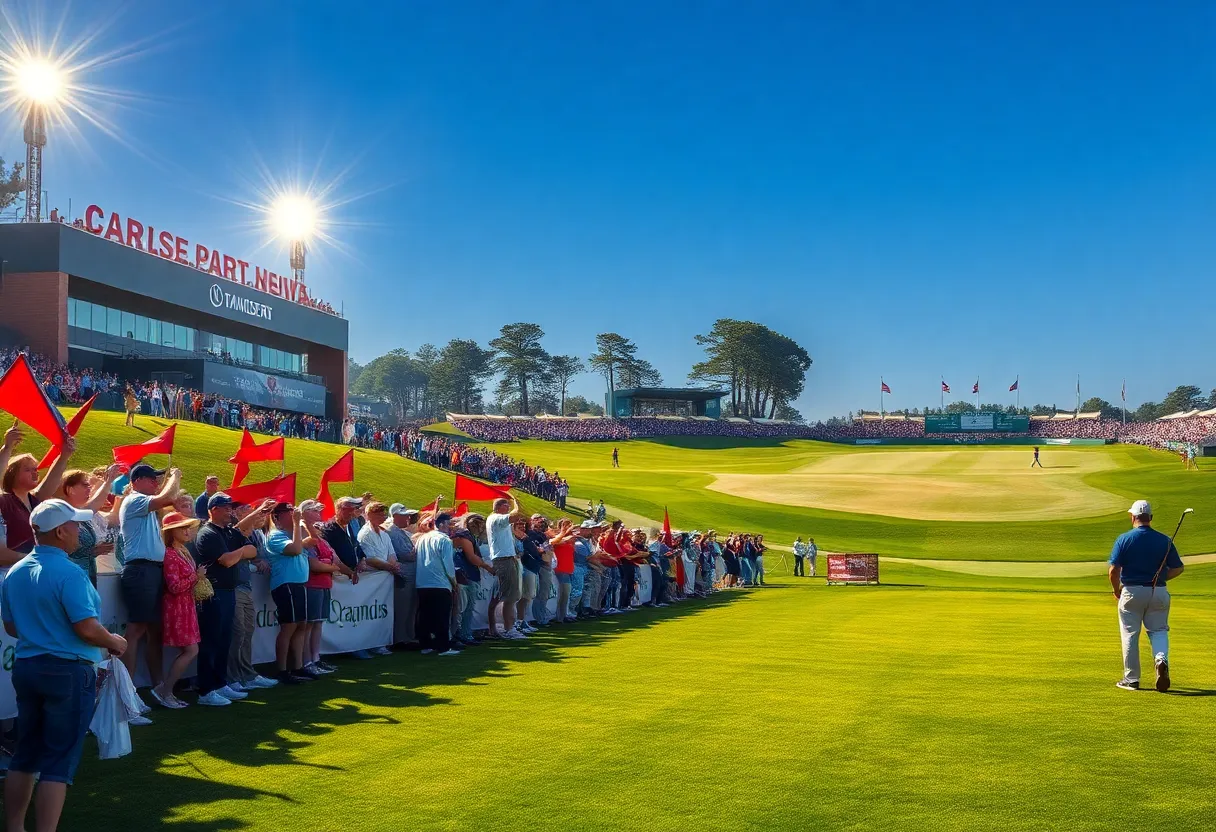 Golf course decorated for the Ryder Cup with enthusiastic fans and banners