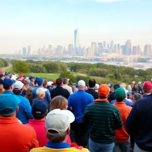 Golf fans at the Ryder Cup with New York City skyline