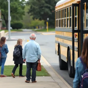 School bus at a stop in front of a school with parents looking on