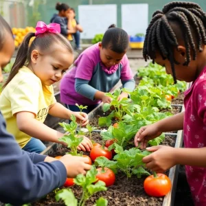 Children engaging in a school garden project, planting vegetables.