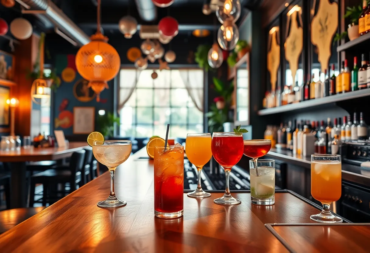 Interior of Seed Library cocktail bar with colorful drinks