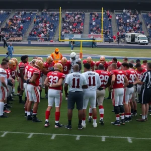 Football players display solidarity on the field after an injury.