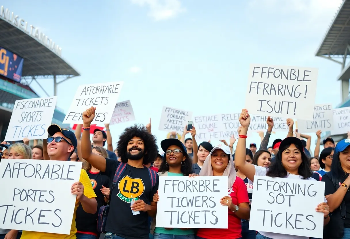 A diverse group of sports fans holding signs for affordable ticket prices during a rally.