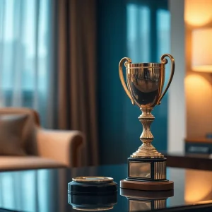 A trophy symbolizing victory placed in a hotel room.