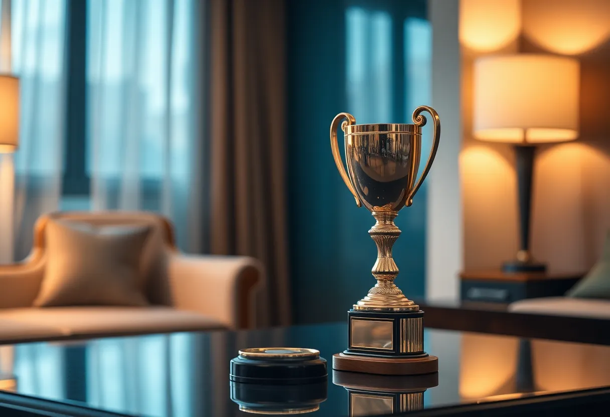 A trophy symbolizing victory placed in a hotel room.