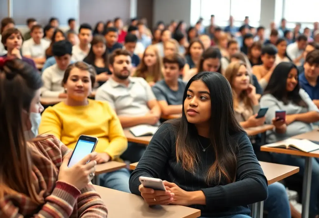 Students in a classroom participating in discussions without smartphones