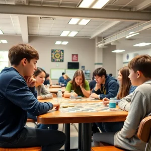 Students interacting in cafeteria without phones