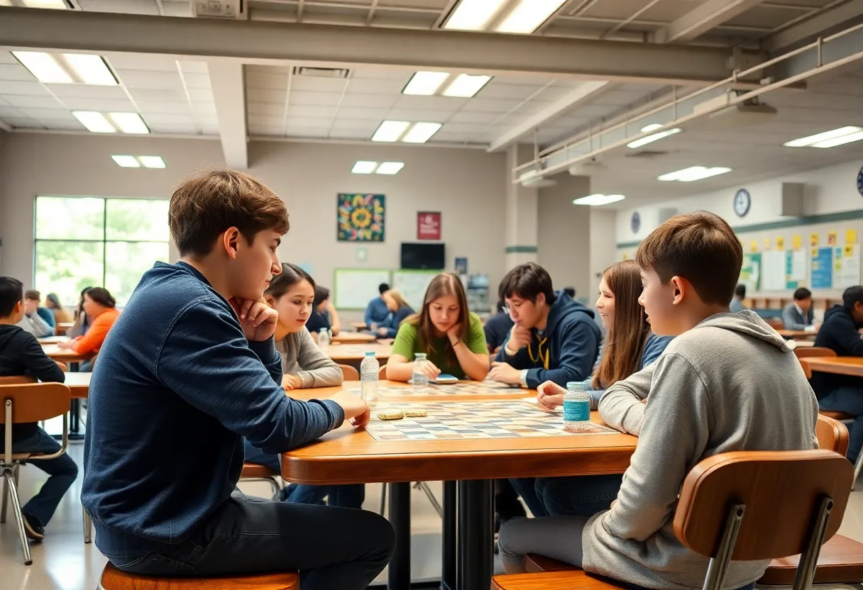 Students interacting in cafeteria without phones