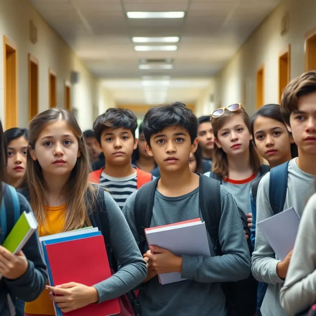 Students looking concerned in a school hallway due to sudden closure