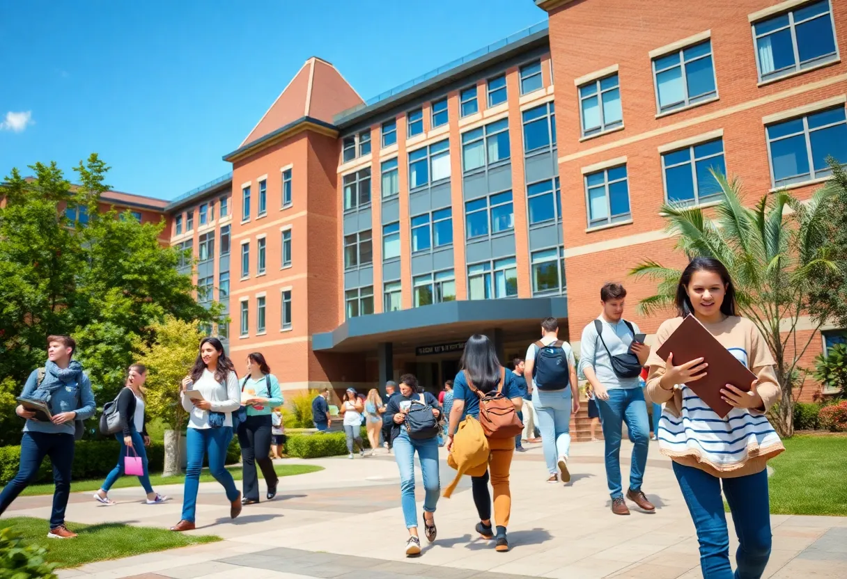 Busy campus at Syracuse University showing students engaged in various activities.