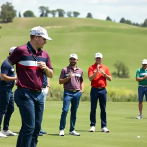 Golfers participating in team bonding exercises on a scenic golf course