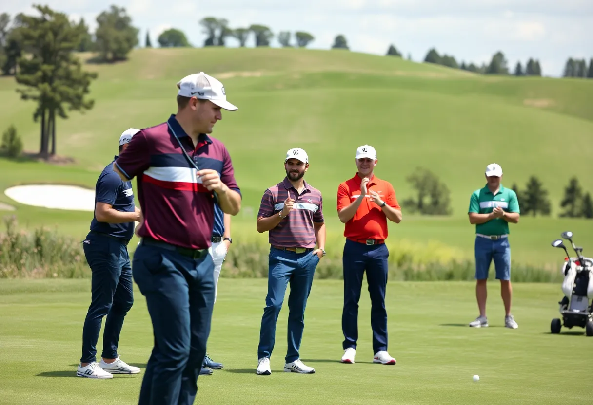 Golfers participating in team bonding exercises on a scenic golf course