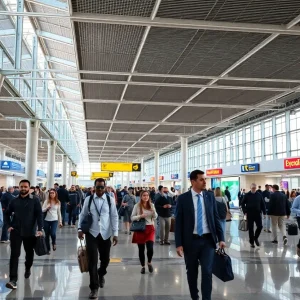 A vibrant scene of business travelers at a Texas airport.