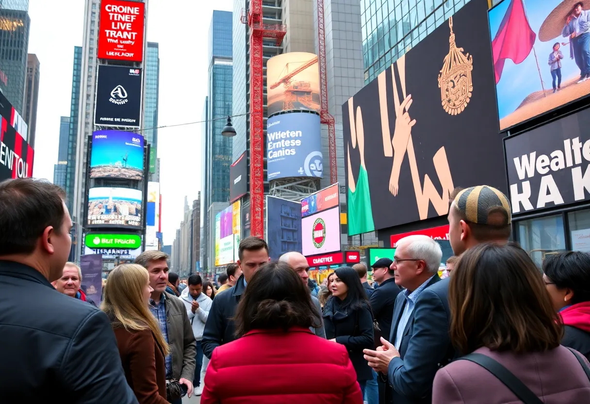 An illustration of Times Square with a proposed casino development, depicting community involvement and engagement.