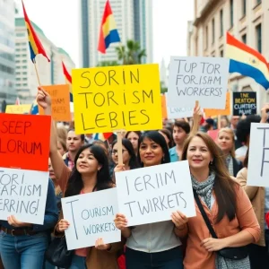 A diverse group of tourism workers protesting for fair wages