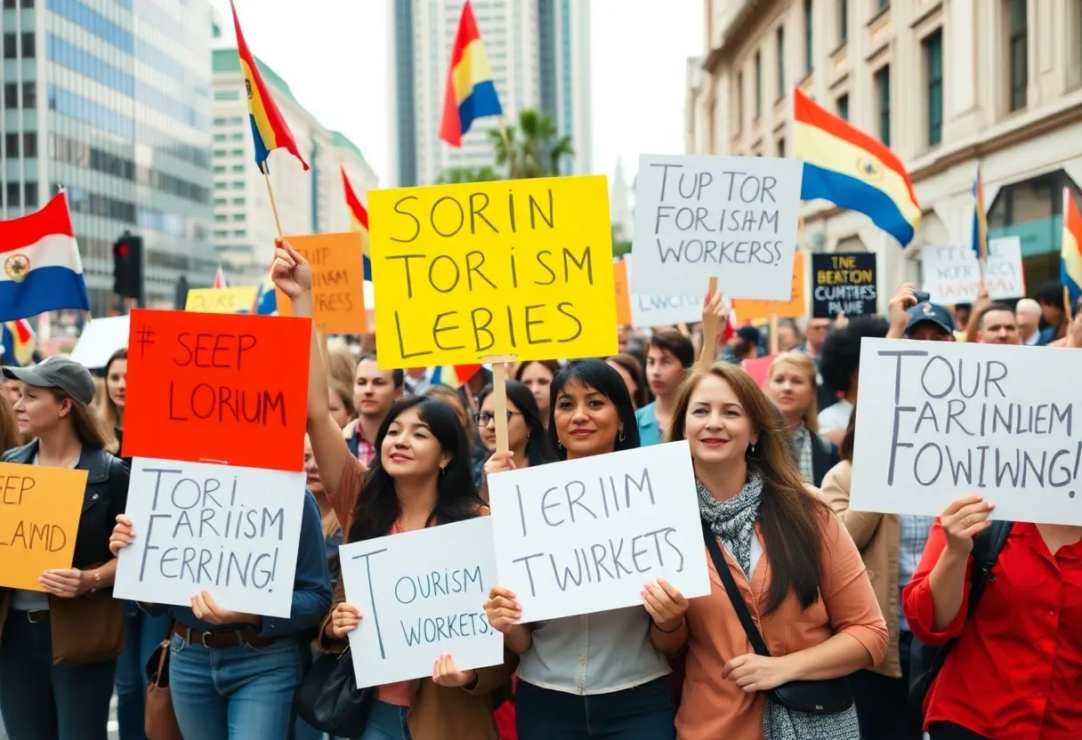 A diverse group of tourism workers protesting for fair wages