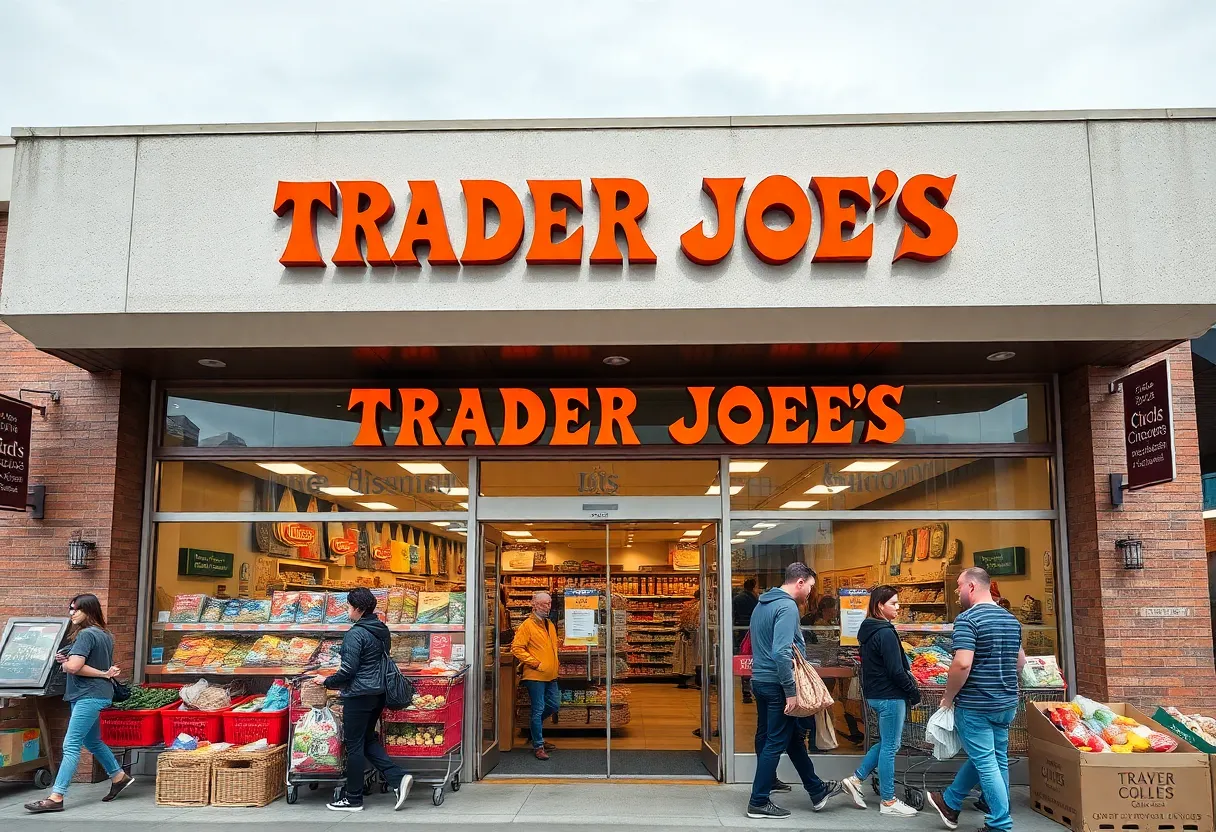 Exterior view of a Trader Joe's grocery store with shoppers.