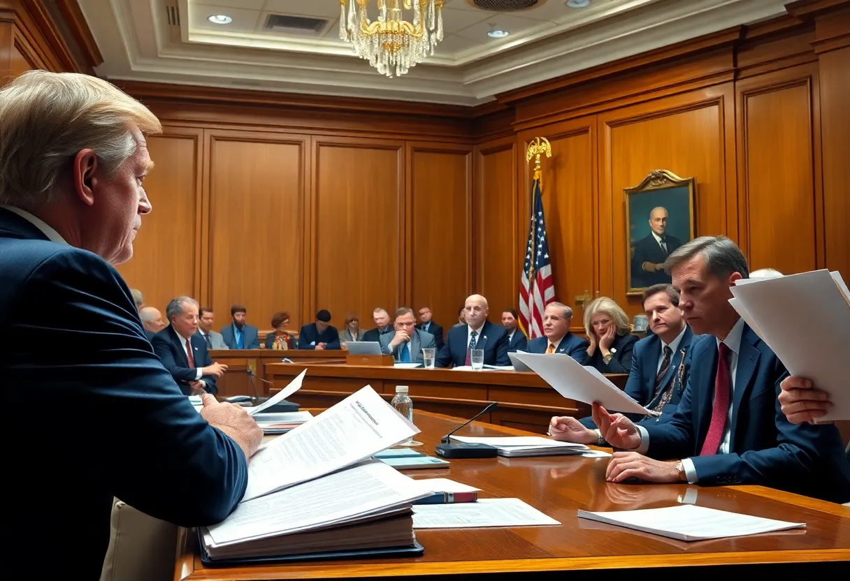 Courtroom scene depicting a legal battle involving media and a former president.