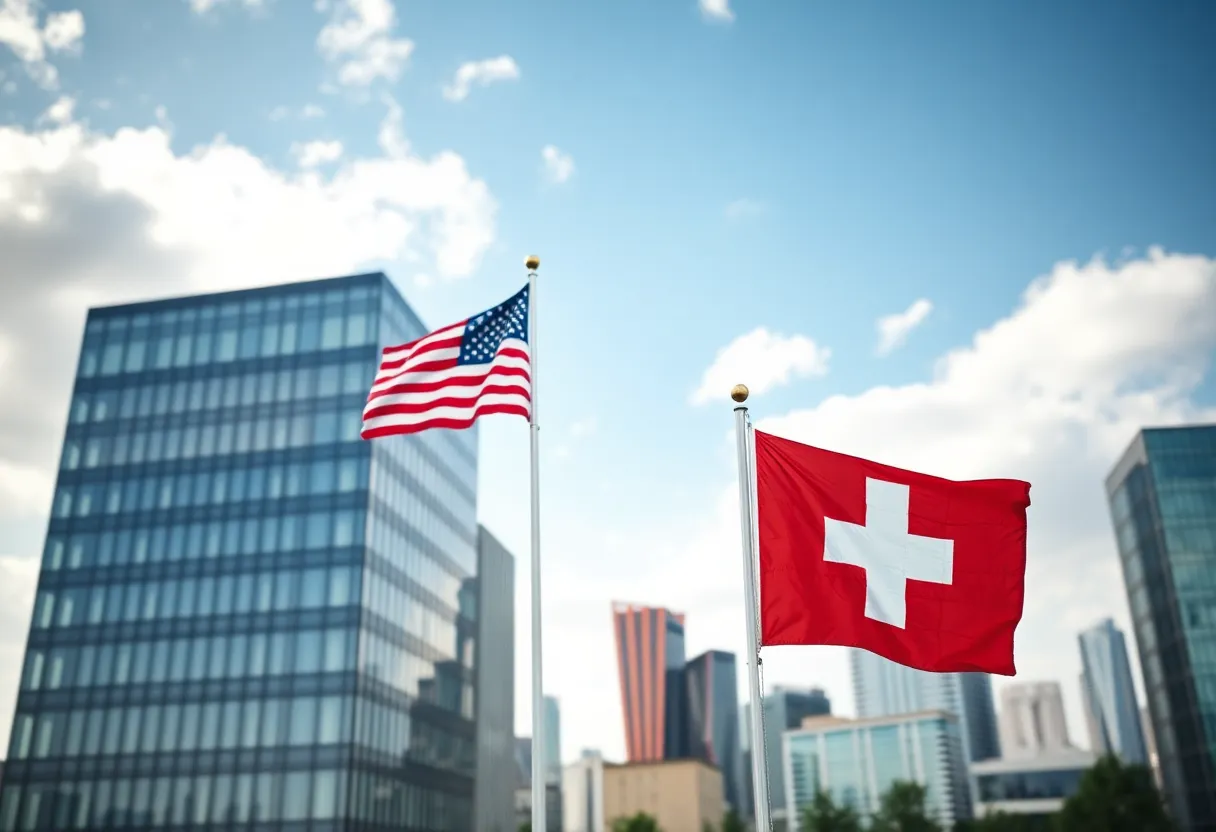 Illustration of UBS's potential relocation to the United States with flags.