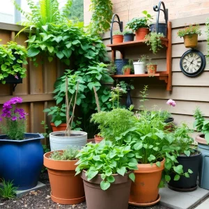 A vibrant backyard in New York showcasing vertical herb gardens, container vegetables, and upcycled decorations.