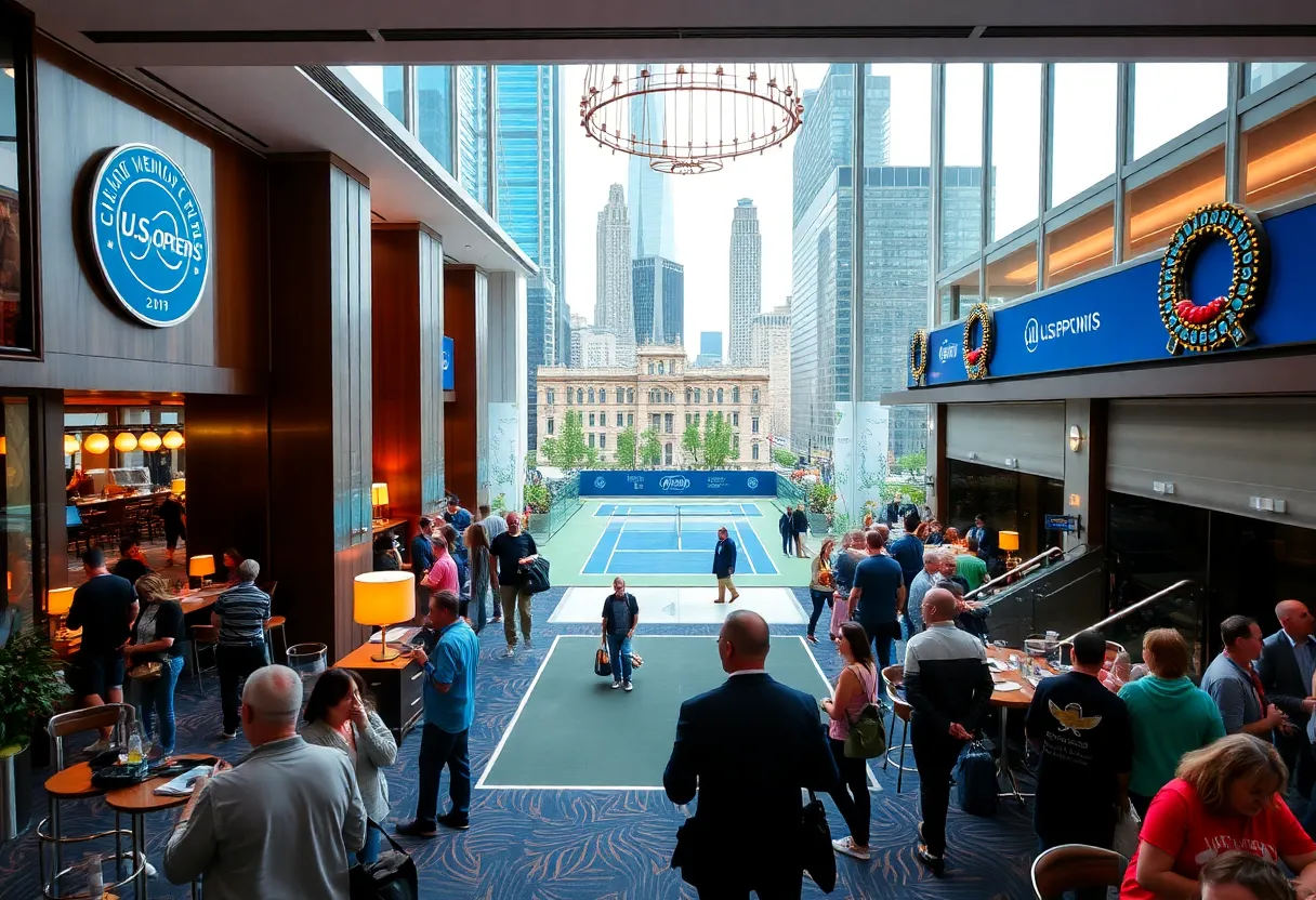 U.S. Open Tennis Championships atmosphere in New York City with visitors enjoying various hotel experiences.
