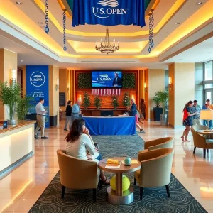 Festively decorated hotel lobby for U.S. Open Tennis Championships